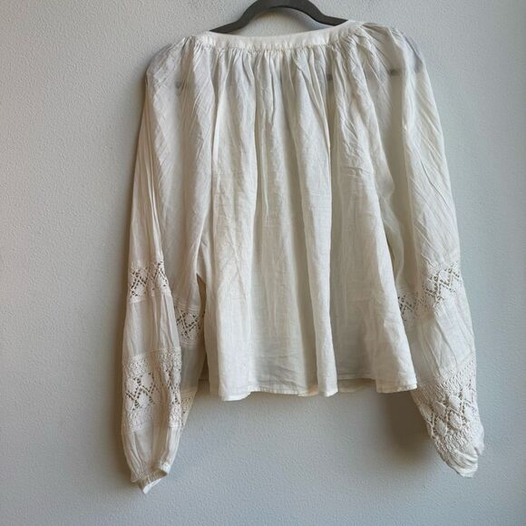 NWT Aerie Crochet Sleeve Cream Button Down Cotton Gauze Size XL Relaxed Boho Top - Picture 7 of 7
